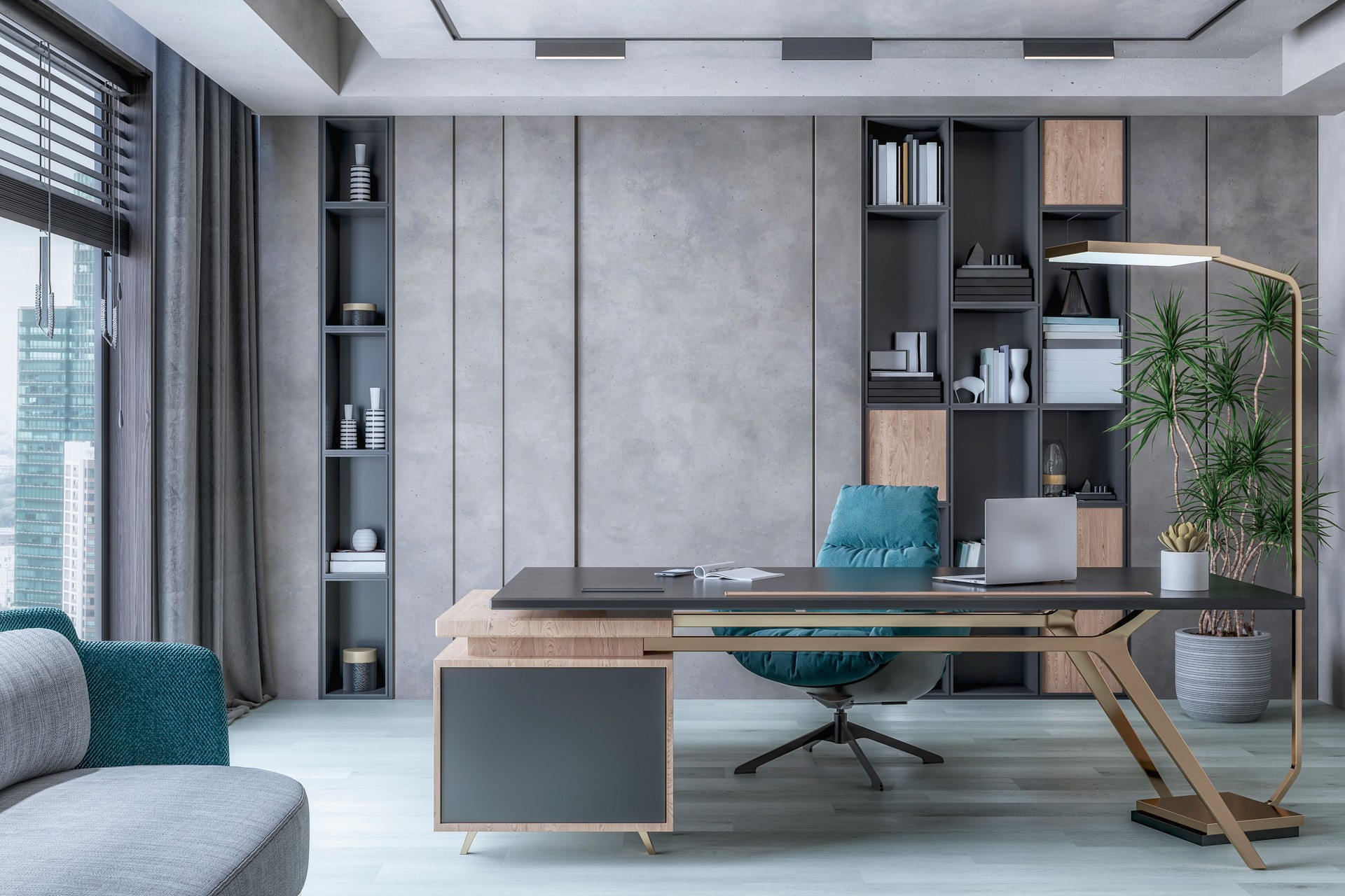 A director's office interior with a work desk in front of a concrete gray wall, a library with and copy space, a potted plant, a sofa and large windows with cityscape view